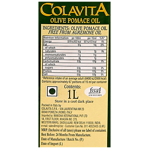 Colavita Authentic Italian Olive Pomace Oil, 1 L Glass Bottle 