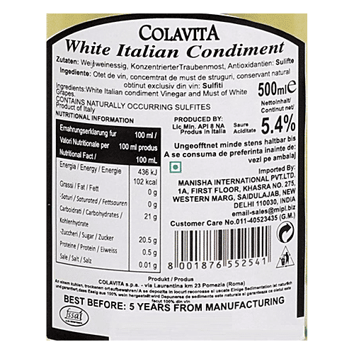 Colavita White Italian Condiment (Balsamic Vinegar), 500 ml Glass Jar Zero Fat