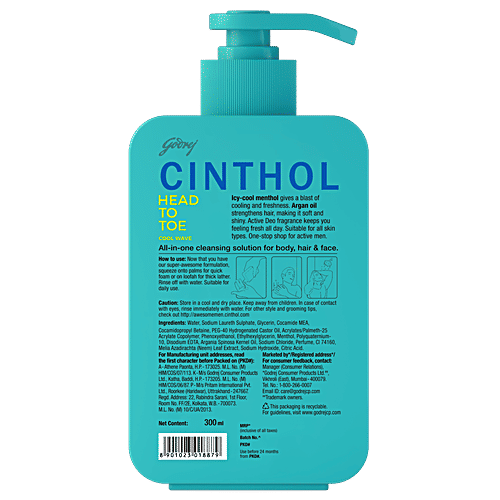 Cinthol Head To Toe Wash - Cool Wave, Cleanses Hair, Face & Body, Cooling Menthol, 300 ml  Blast of Freshness