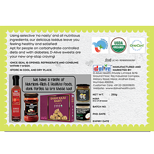 D-Alive Organic Maai Ka Ladoo - Sugar-Free, Ultra-Low GI, No Preservatives, 250 g  