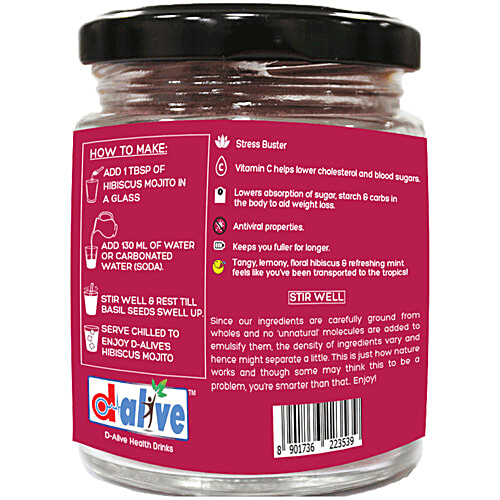 D-Alive Organic Hibiscus Mojito Instant Drink Premix - Sugar-Free, 120 g Glass Jar No Sugar & Gluten