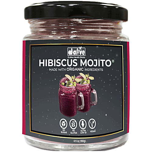 D-Alive Organic Hibiscus Mojito Instant Drink Premix - Sugar-Free, 120 g Glass Jar No Sugar & Gluten