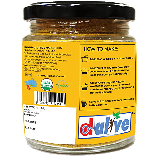 D-Alive Organic Spiced Turmeric Latte Daily Drink Mix Powder - Sugar-Free, Gluten-Free, 90 g Glass Jar 