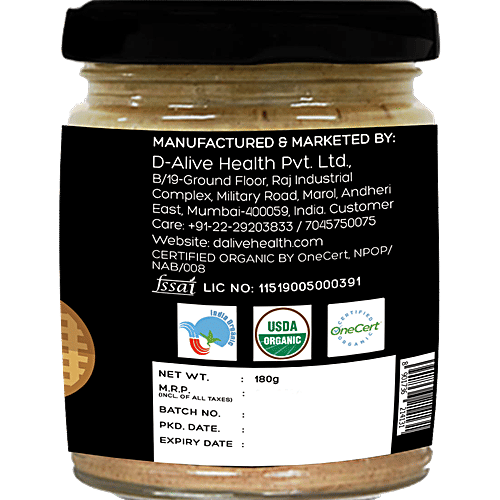 D-Alive Unsweetened Peanut Butter, 180 g Glass Jar