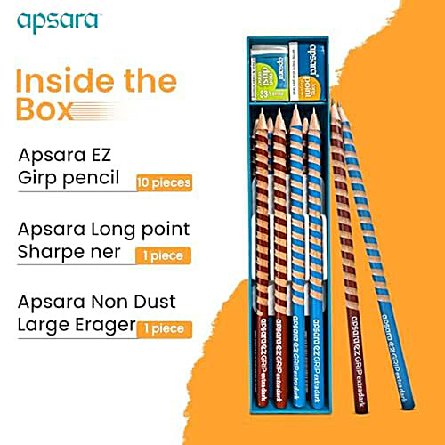 Apsara Ez Grip Pencils With Sharpener & Eraser, 10 pcs  Spiral Grip for Comfortable Writing, Extra Dark Lead, Premium Soft Wood