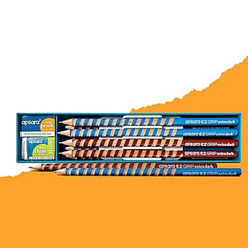 Apsara Ez Grip Pencils With Sharpener & Eraser, 10 pcs  Spiral Grip for Comfortable Writing, Extra Dark Lead, Premium Soft Wood