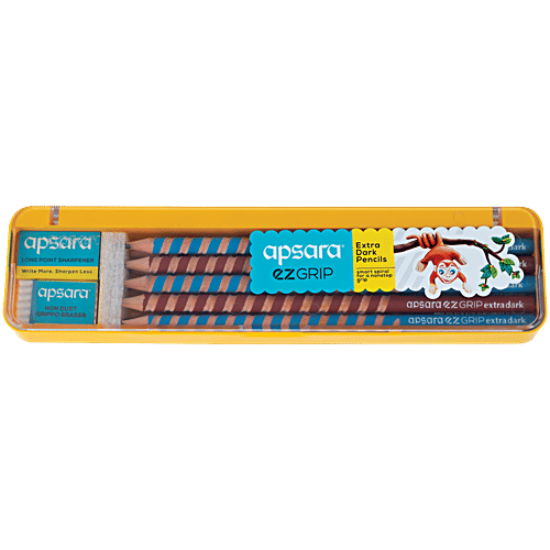 Apsara Ez Grip Pencils With Sharpener & Eraser, 10 pcs  Spiral Grip for Comfortable Writing, Extra Dark Lead, Premium Soft Wood