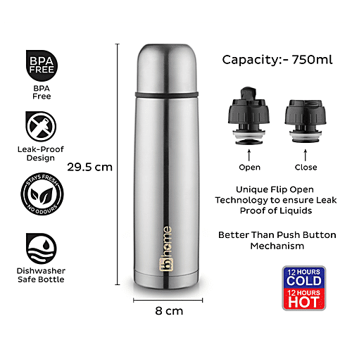 bb home Arctic Stainless Steel Vacuum Insulated Flask - Double Walled, 12 Hours Hot & Cold, Silver, 750 ml (1 pc) Leak Proof & Dishwasher Safe