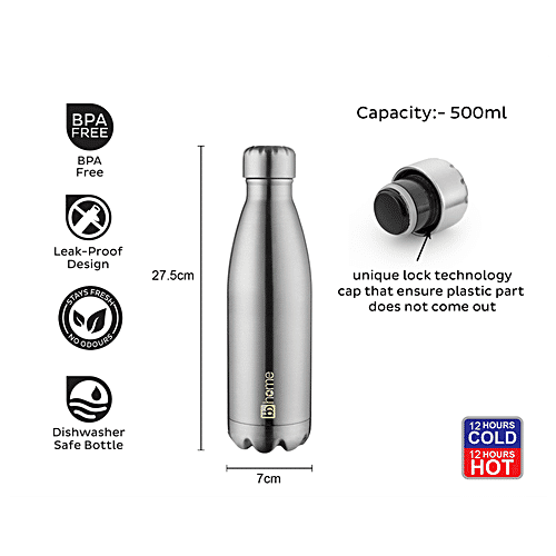bb home Pacific Stainless Steel Vacuum Insulated Flask - Double Walled, 12 Hours Hot & Cold, Silver, 500 ml (1 pc) Leak Proof & Dishwasher Safe