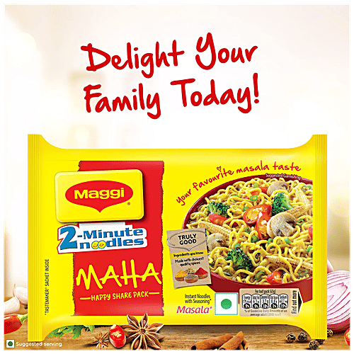 Maggi Maha 2-Minute Masala Noodles - Happy Share Pack, Goodness Of Iron, 90 g  Made with Choicest quality spices