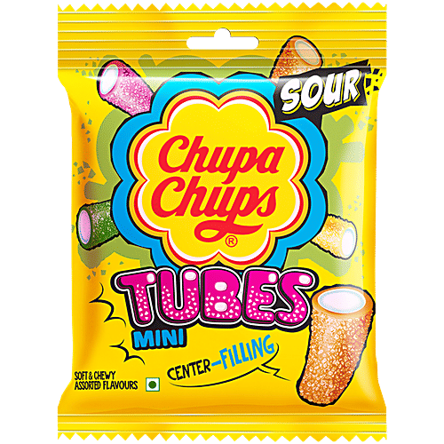 Chupa Chups Sour Mini Tubes Mixed Fruit Flavour Soft & Chewy Toffee, 61.6 g  