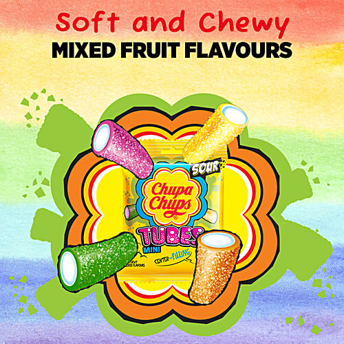 Chupa Chups Sour Mini Tubes Mixed Fruit Flavour Soft & Chewy Toffee, 61.6 g  