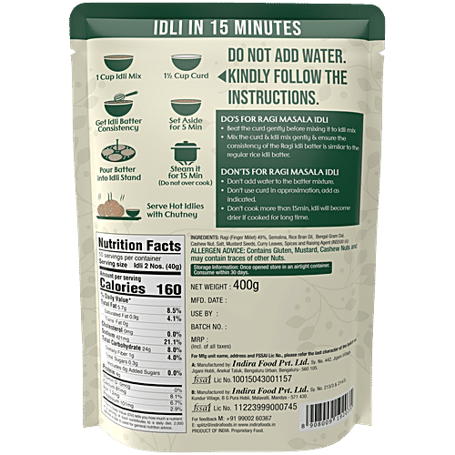 Indira's Ragi Masala Idli, 400 g Pouch Zero Cholesterol