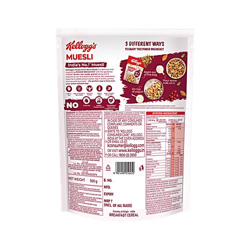 Kellogg's Fruit Nut & Seeds Muesli 12 In 1 Power Breakfast, 500 g  Multigrain Breakfast Cereal, High in Iron, Source of Fibre