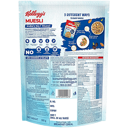 Kelloggs Muesli - With 0% Added Sugar, 500 g Pouch 