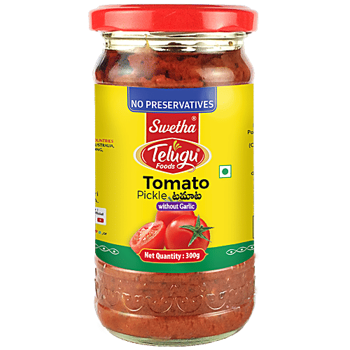 Swetha Telugu foods Tomato Pickle - Without Garlic, 300 g Glass Bottle Zero Trans Fat