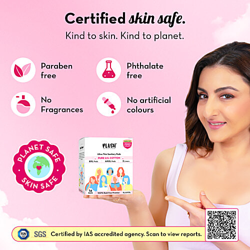 Plush Ultra Thin Sanitary Pads With 2 Panty Liners - XL & XXL, 14 pcs  Rash Free, 100% Pure US Cotton, Zero Leaks