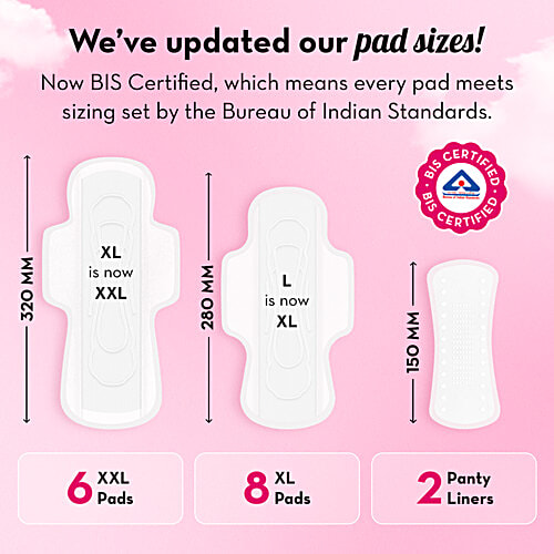 Plush Ultra Thin Sanitary Pads With 2 Panty Liners - XL & XXL, 14 pcs  Rash Free, 100% Pure US Cotton, Zero Leaks