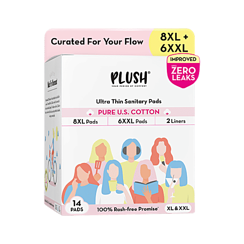 Plush Ultra Thin Sanitary Pads With 2 Panty Liners - XL & XXL, 14 pcs  Rash Free, 100% Pure US Cotton, Zero Leaks