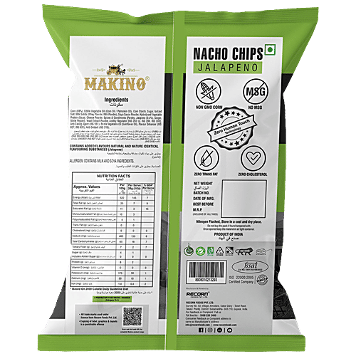 Makino Nacho Chips - Jalapeno, Without Onion & Garlic, No Trans Fat & Cholesterol, 60 g Pouch Zero Cholesterol, Zero Trans Fat