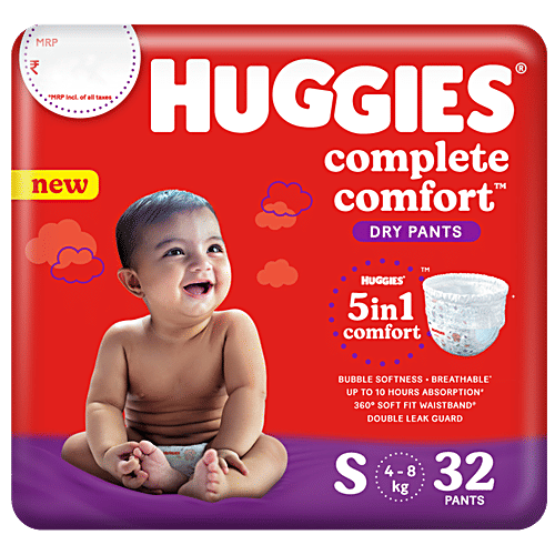 Huggies Complete Comfort Dry Pants Small (S) Size Baby Diaper Pants,with 5 in 1 Comfort, 32 pcs  