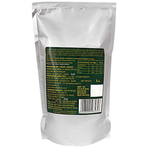 So Sweet Stevia Powder, 1 kg Pouch Natural, No Calories Sweetener