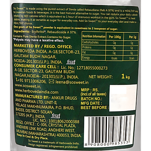 So Sweet Stevia Powder, 1 kg Pouch Natural, No Calories Sweetener