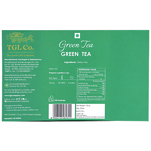 TGL Co. Pure Green Tea Bags, 150 g (100 Bags x 1.5 g each) 