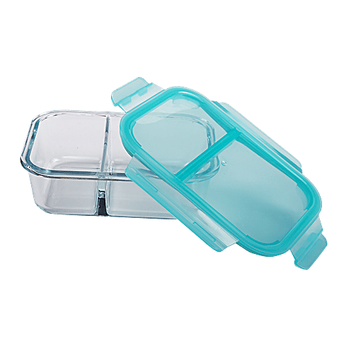 bb home Glass Lunch Box/Storage Borosilicate Container - With Compartment, Leak Proof, Sea Green, 980 ml  Dishwasher, Microwave & Freezer Safe