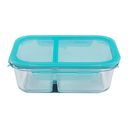 bb home Glass Lunch Box/Storage Borosilicate Container - With Compartment, Leak Proof, Sea Green, 980 ml  Dishwasher, Microwave & Freezer Safe