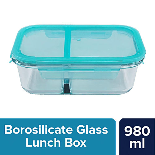 bb home Glass Lunch Box/Storage Borosilicate Container - With Compartment, Leak Proof, Sea Green, 980 ml  Dishwasher, Microwave & Freezer Safe