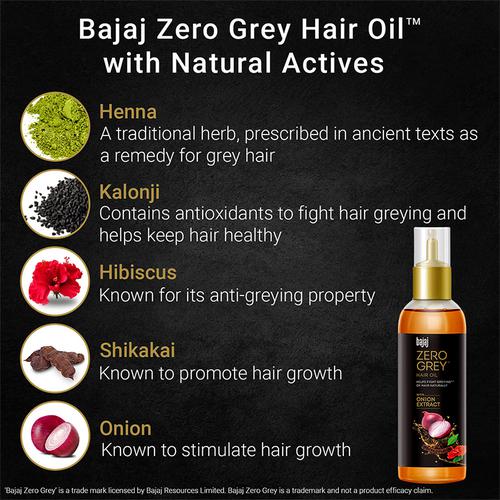 Bajaj Zero Grey Anti-Greying Hair Oil - Delay Greying Of Hair Naturally, Natural Actives, 200 ml  