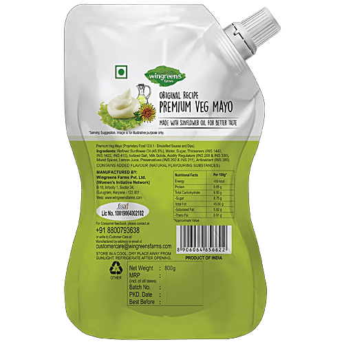 Wingreens Farms Original Recipe Premium Veg Mayo - With Sunflower Oil, 800 g