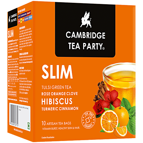 Cambridge Tea Party Slim Tulsi Green Tea - Rose, Orange, Hibiscus, Clove, Turmeric, Cinnamon, 25 g (10 Bags x 2.5 g Each) Vitamin Burst
 Healthy Skin & Hair