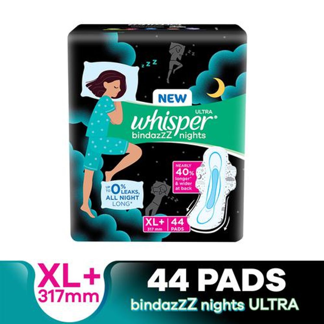 Whisper  Bindazzz Nights Sanitary Pads - Wider Back, Up To 0% Leak, Provides All Night Protection, XL+, 44 pcs 
