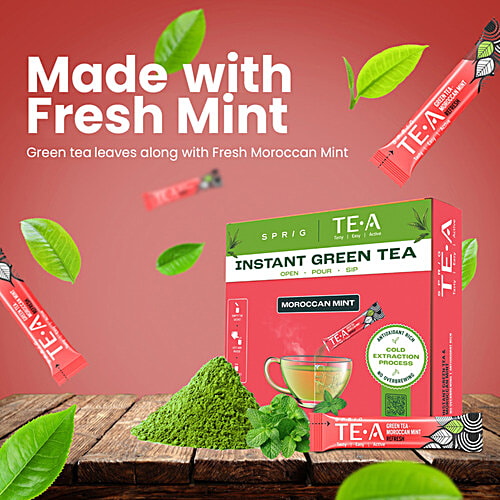 Sprig Tea TE.A Green Tea & Moroccan Mint - Fully Soluble, Improves Blood Flow, 15 g (25 Sachets x 0.6 g each) 