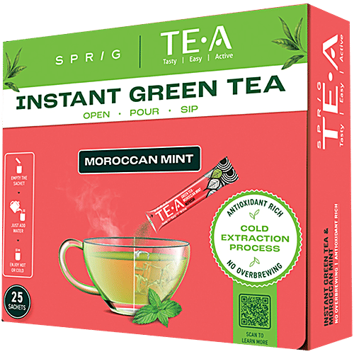 Sprig Tea TE.A Green Tea & Moroccan Mint - Fully Soluble, Improves Blood Flow, 15 g (25 Sachets x 0.6 g each) 