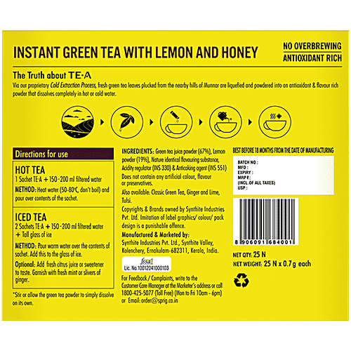 Sprig Tea TE.A Green Tea - Lemon & Honey, Fully Soluble, For Weight Loss, Detox & Immunity, 17.5 g (25 Sachets x 0.7 g each) Zero Fat