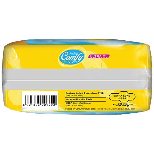 Comfy Snug Fit Sanitary Pads - Ultra XL, 285 mm, 5X Longer Lasting Dryness, Non Irritant On Skin, 6 pcs Pouch Super Gel Lock, Anti-Leak System