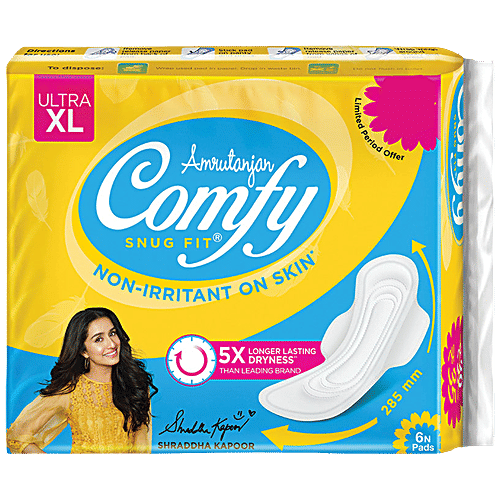 Comfy Snug Fit Sanitary Pads - Ultra XL, 285 mm, 5X Longer Lasting Dryness, Non Irritant On Skin, 6 pcs Pouch Super Gel Lock, Anti-Leak System
