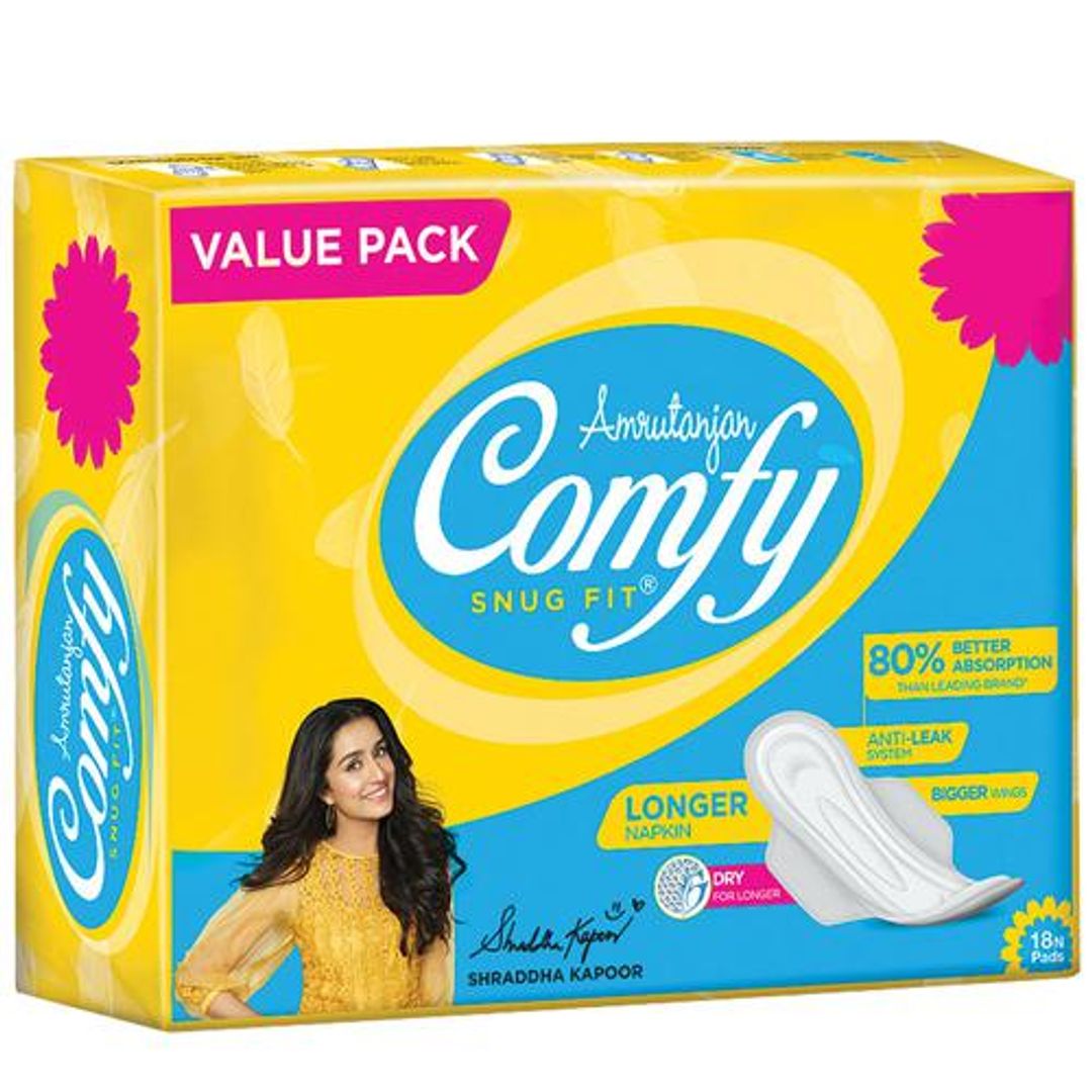 Comfy Snug Fit Sanitary Pads Value Pack - Regular, 230 mm With Wings, Longer Napkins, 18 pcs Pouch
