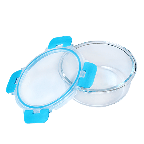 BB Home Borosilicate Glass Round Container With Lid - Blue, 640 ml  