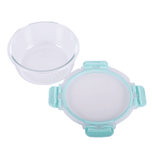 BB Home Borosilicate Glass Round Container With Lid - Green, 640 ml  