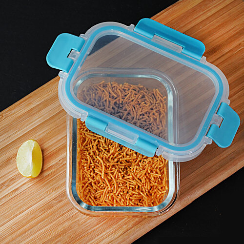 bb home Borosilicate Glass Rectangular Container With Lid - Blue, 630 ml  100% Food Grade & BPA Free