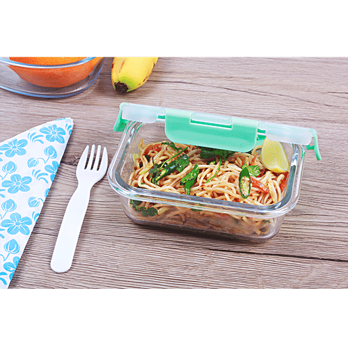 BB Home Borosilicate Glass Rectangular Container With Lid - Green, 630 ml  