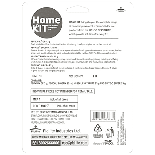 Pidilite Multipurpose Home Kit - Shoe Fix, BriteO, Fevikwik, M-Seal, 4 pcs  Multipurpose Home Kit
 Household Useful Materials