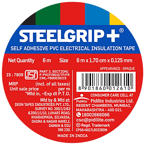Steelgrip Steelgrip+ Self Adhesive PVC Electrical Insulation Tape - 6 M, 1 pc  For Joining Wires, Insultation Of Live Wires