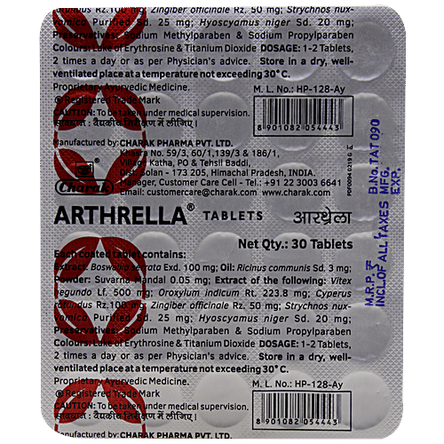 Charak ARTHRELLA Tablets - Herbal Support For Rheumatoid Arthritis, 30 Tablets tablets 
