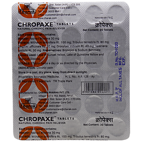 Charak CHROPAXE Tablets - A Natural Chronic Pain Reliever, 30 Tablets Blister pack 