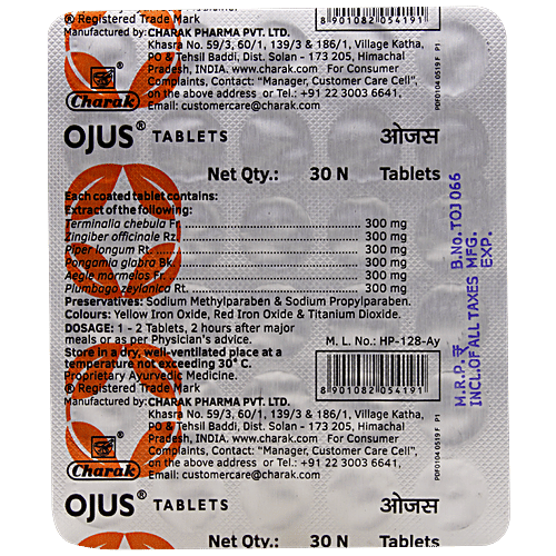 Charak OJUS Tablets - Relieves Bloated Feeling & Stomach Discomfort, 30 Tablets Blister pack 